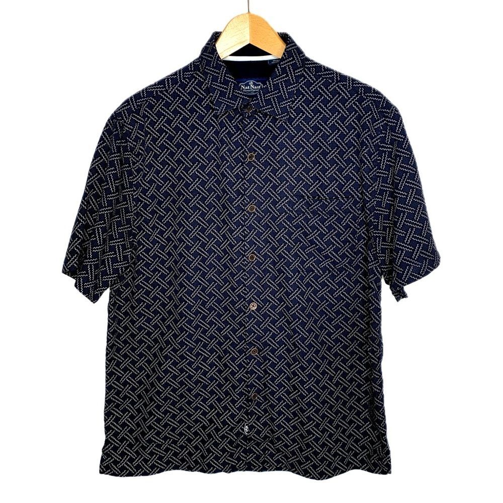 Nat Nast Luxury Mens Geometric Print Silk Blend Shirt Size M Short Sleeve Button